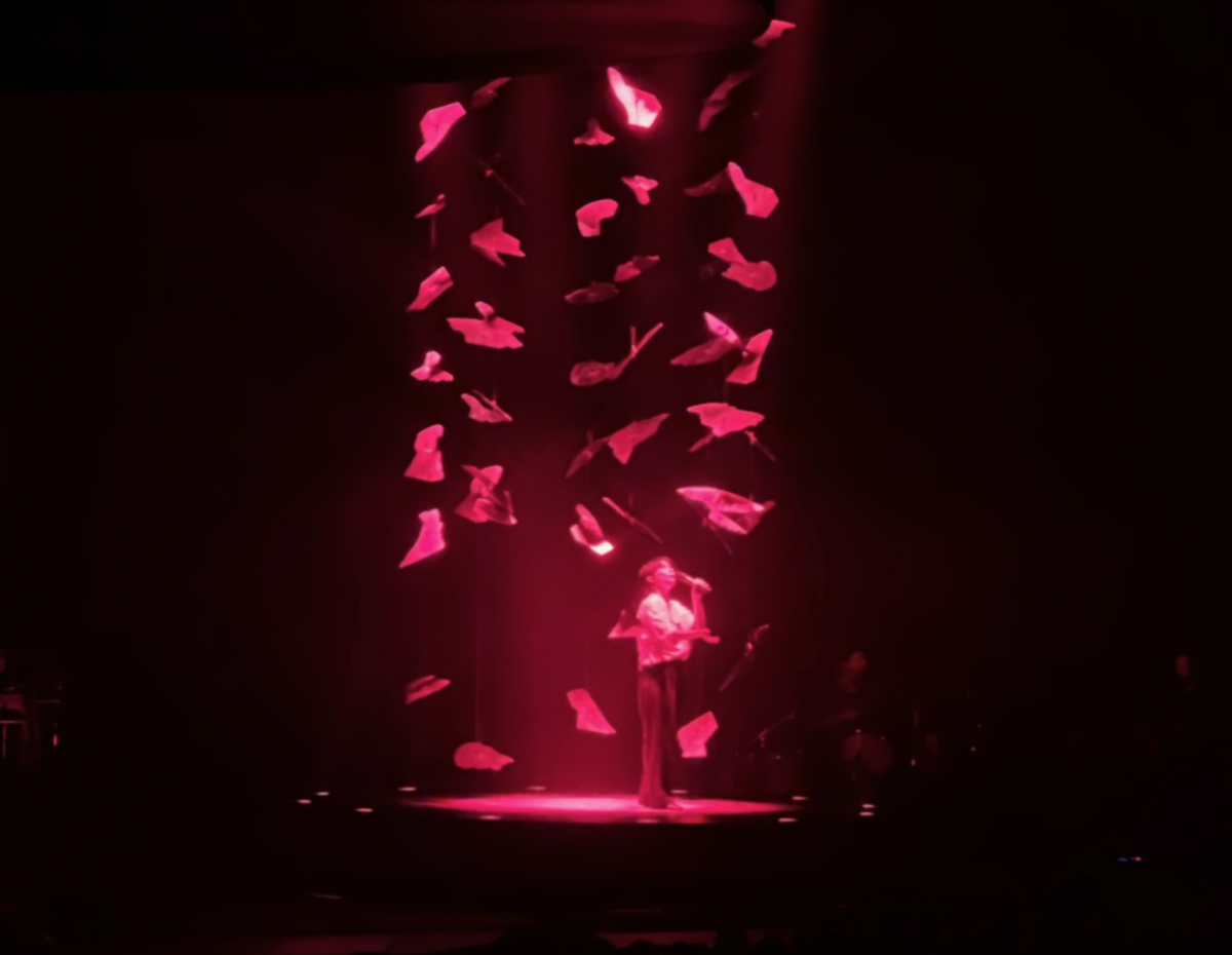 During "My Love MIne All Mine" and "The Last Words of a Shooting Star," objects resembling a broken teacup surround Mitski as she performs. 